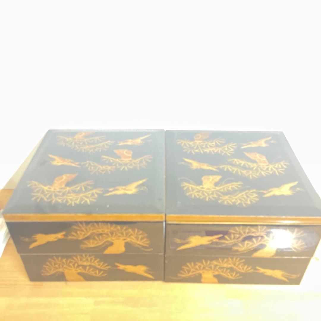 鶴 松 漆 金箔 お重箱 4段 2段 骨董品 昭和 漆塗り 重箱 お弁当箱