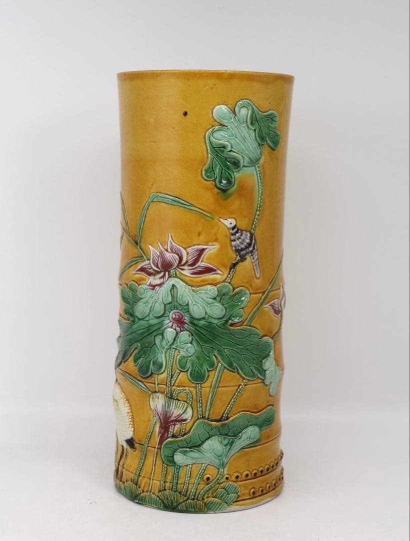 中国 清時代 黄南京 竹節型蓮鷺紋筆入 共箱 アンティーク 送料込み