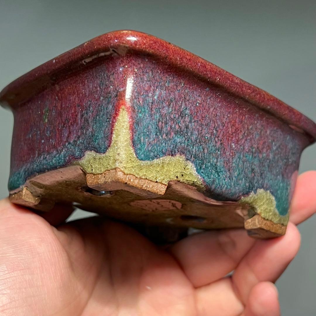 829.秋直 窯変辰砂釉外緣長方 盆栽鉢 植木鉢 10.1*9.2*4.5cm