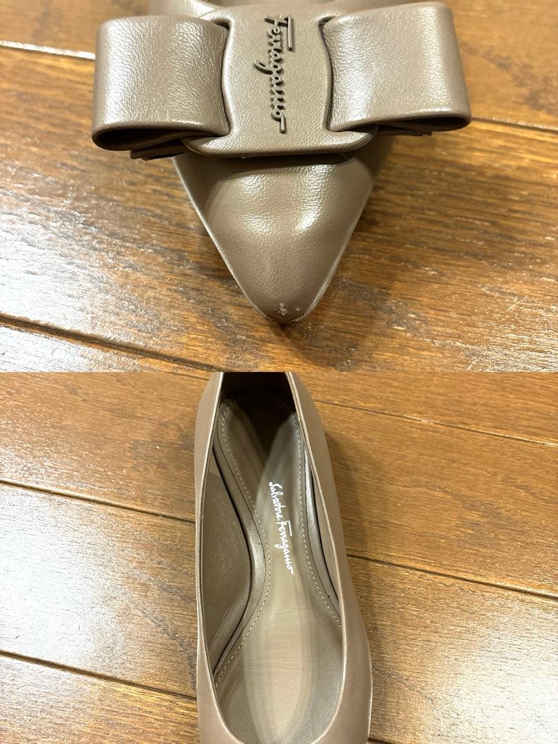 フェラガモ VIVA ナッパカーフ キャラウェイ リボンパンプス71/2