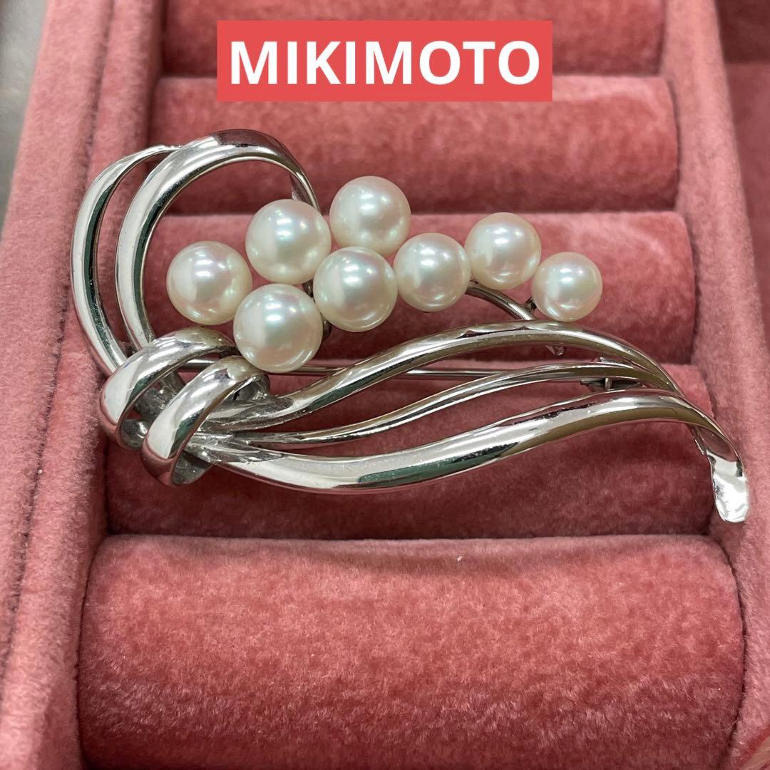 ミキモト MIKIMOTO パールブローチ SILVER ミキモト パールブローチ K18 7.4g 真珠 9mm 8mm グレー MIKIMOTO 磨き