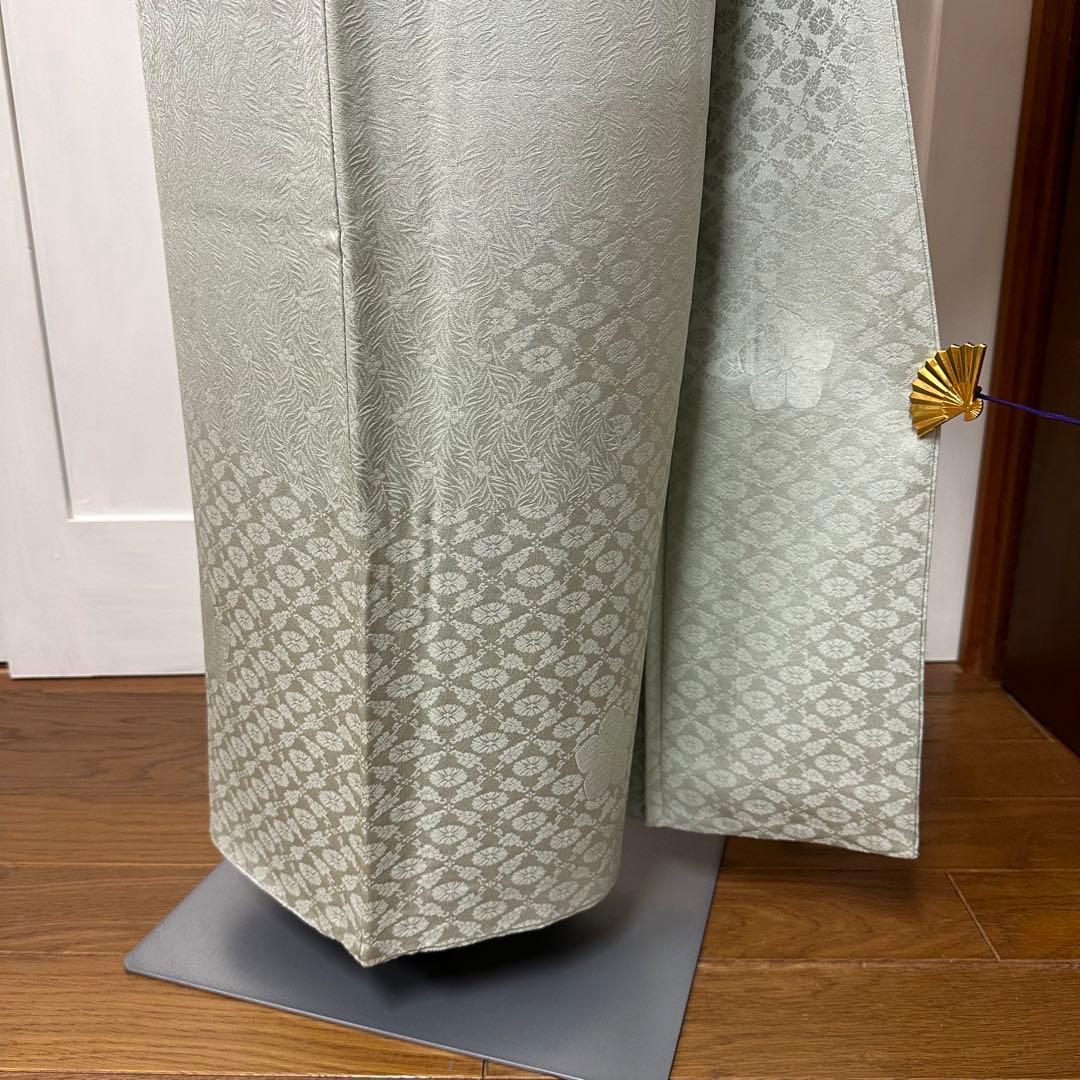 色無地 袷 正絹 一ツ紋 草花地紋 青磁鼠色 身丈151裄64サイズ小さめ
