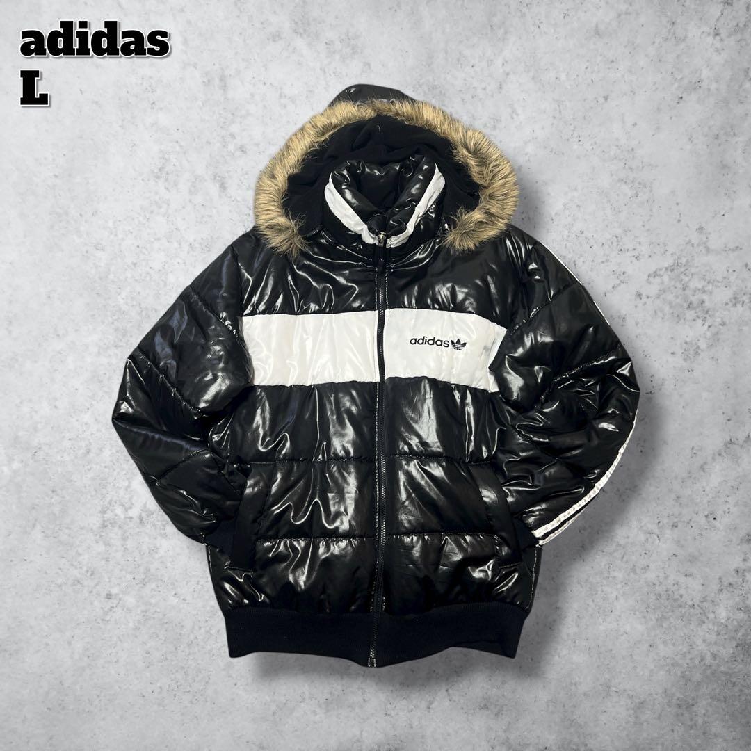 美品adidasアディダス中綿ジャケット光沢ブラックメンズLアウター刺繍