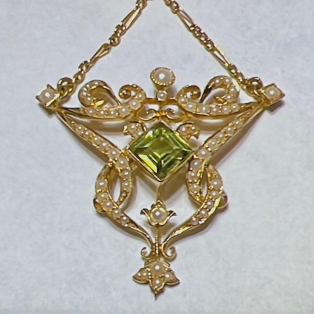 アンティーク ネックレス ペリドットとシードパール 英国 1880年