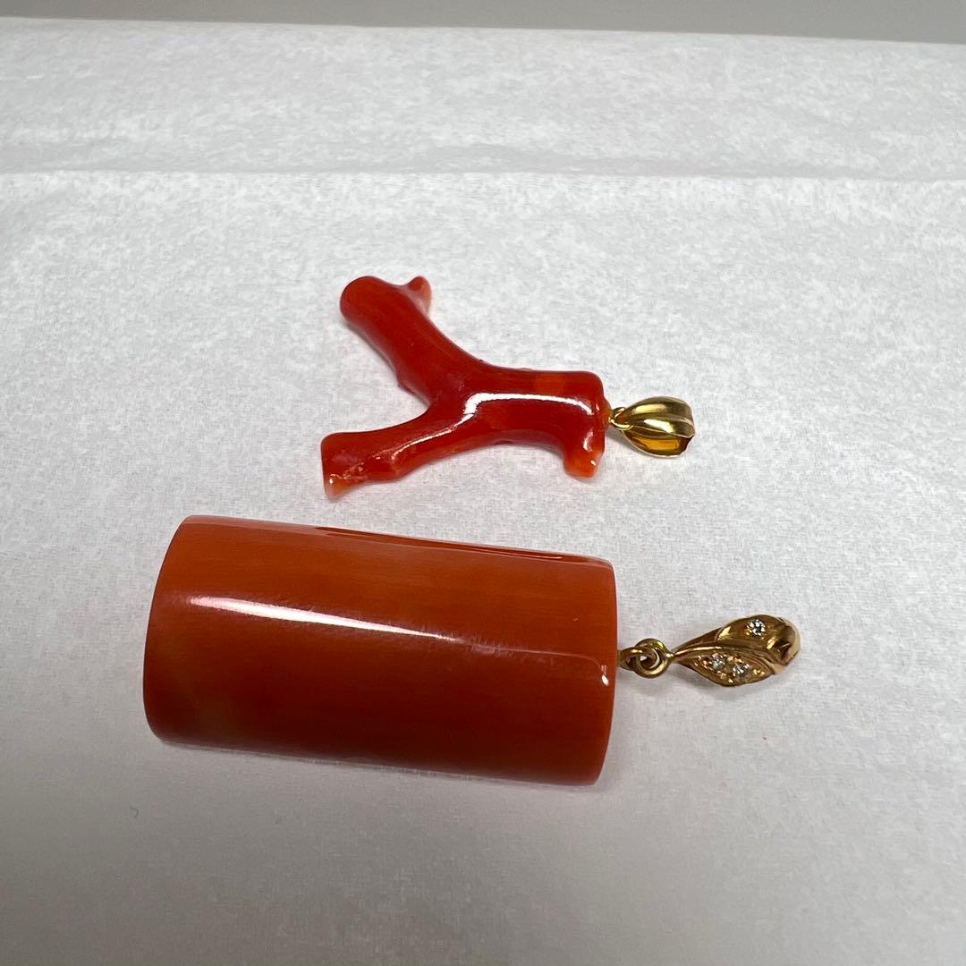 1K18刻印　ダイヤ入　本赤珊瑚　ネックレストップ　2点　10.7g