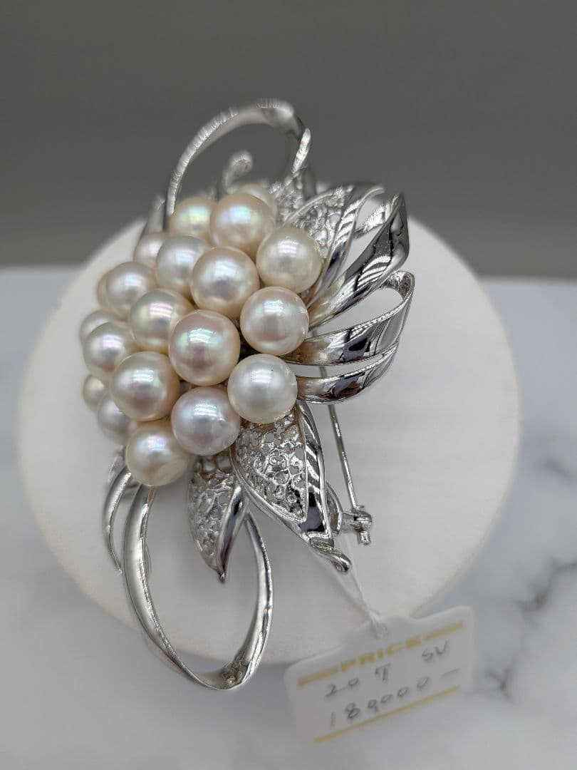 あこや真珠 ブローチ 大粒20珠 9.7×6.5cm 花デザイン　帯留め兼用