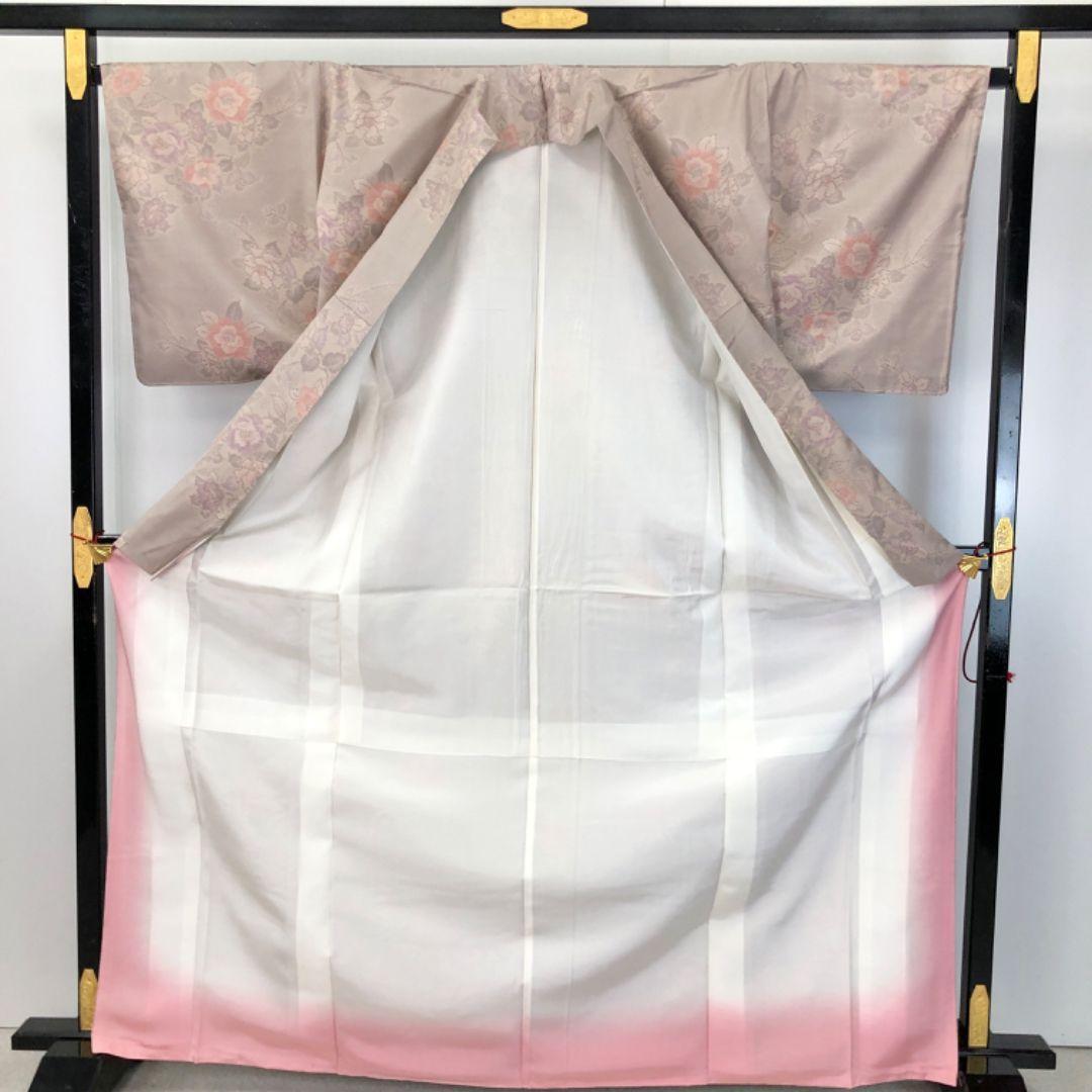 本場大島紬 横双 美しい花模様 鴇色鼠 くすみカラー トールサイズ K