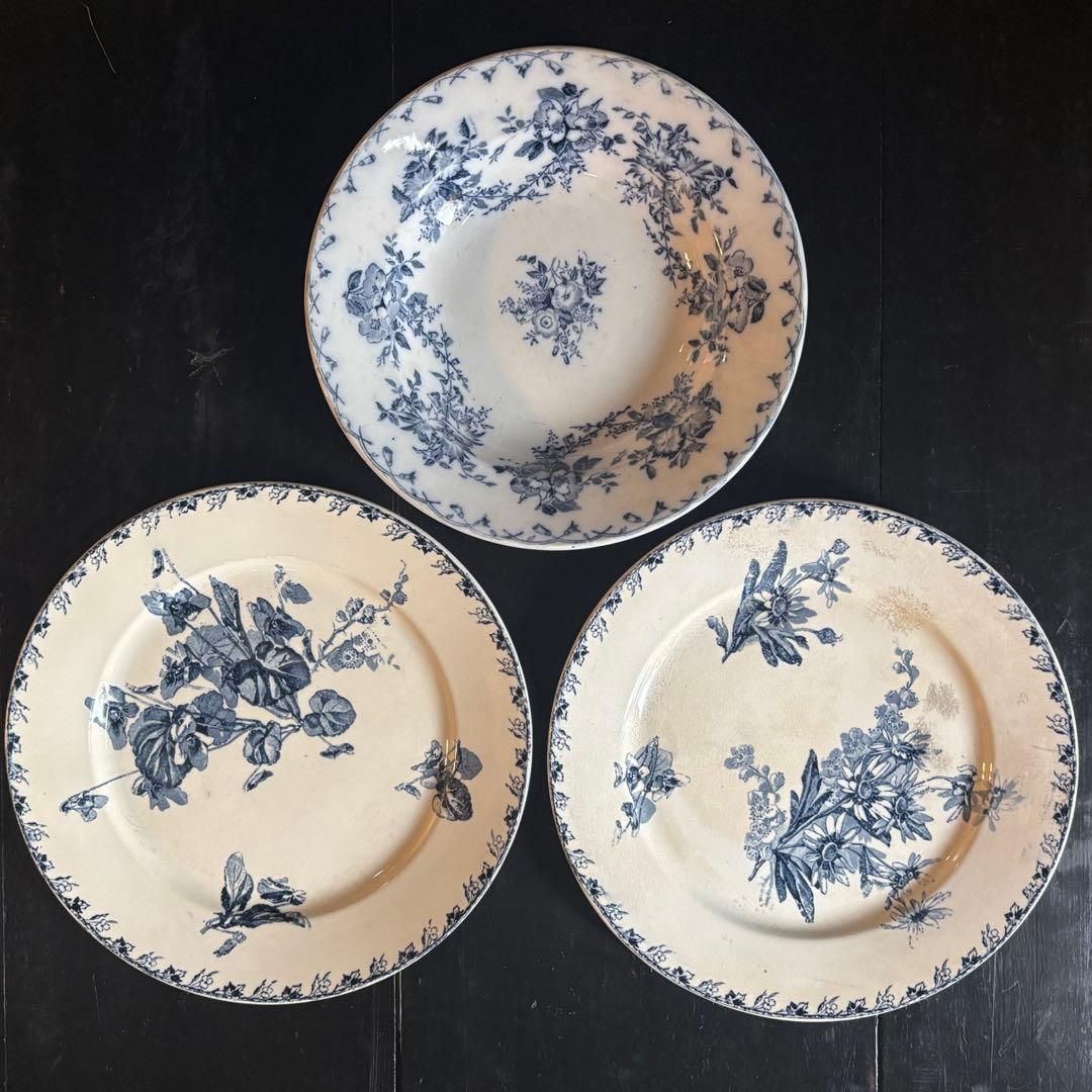 フランスアンティークプレート3枚セット スミレ・マーガレット、野花