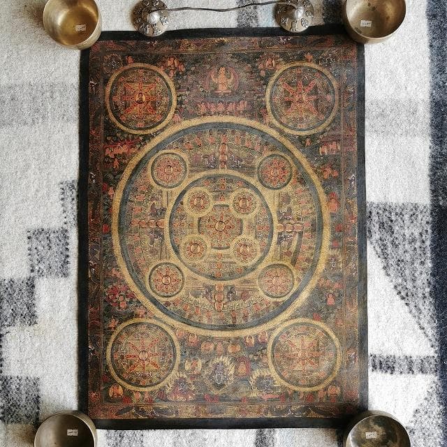 【五仏曼荼羅】　アンティーク　大　ハイクオリティ　：　タンカ　仏画（額縁なし） 一点物〕タンカ - 五仏曼荼羅[31cm x 39cm] の通販[送料無料