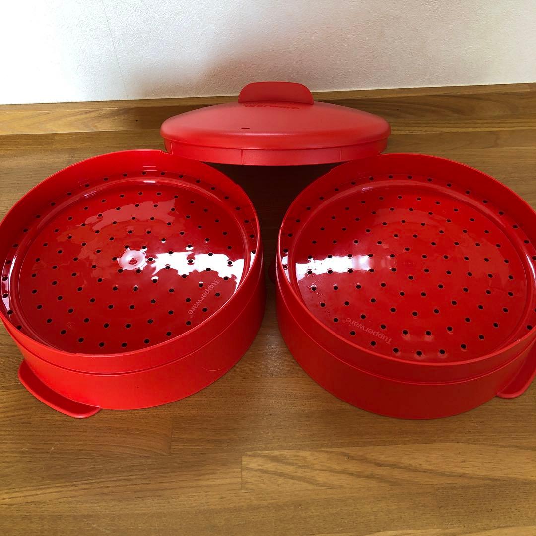 使用回数2回］タッパーウェア スチームイット赤 2段 せいろ蒸し器