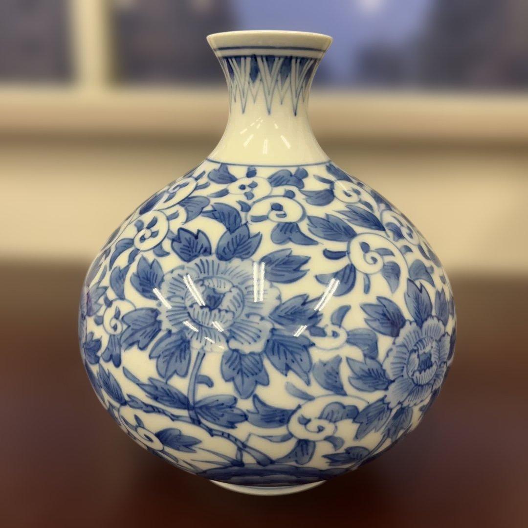 有田焼 高麗庵 清六窯 中村清見作 壺 青白花瓶 小型 木箱付き