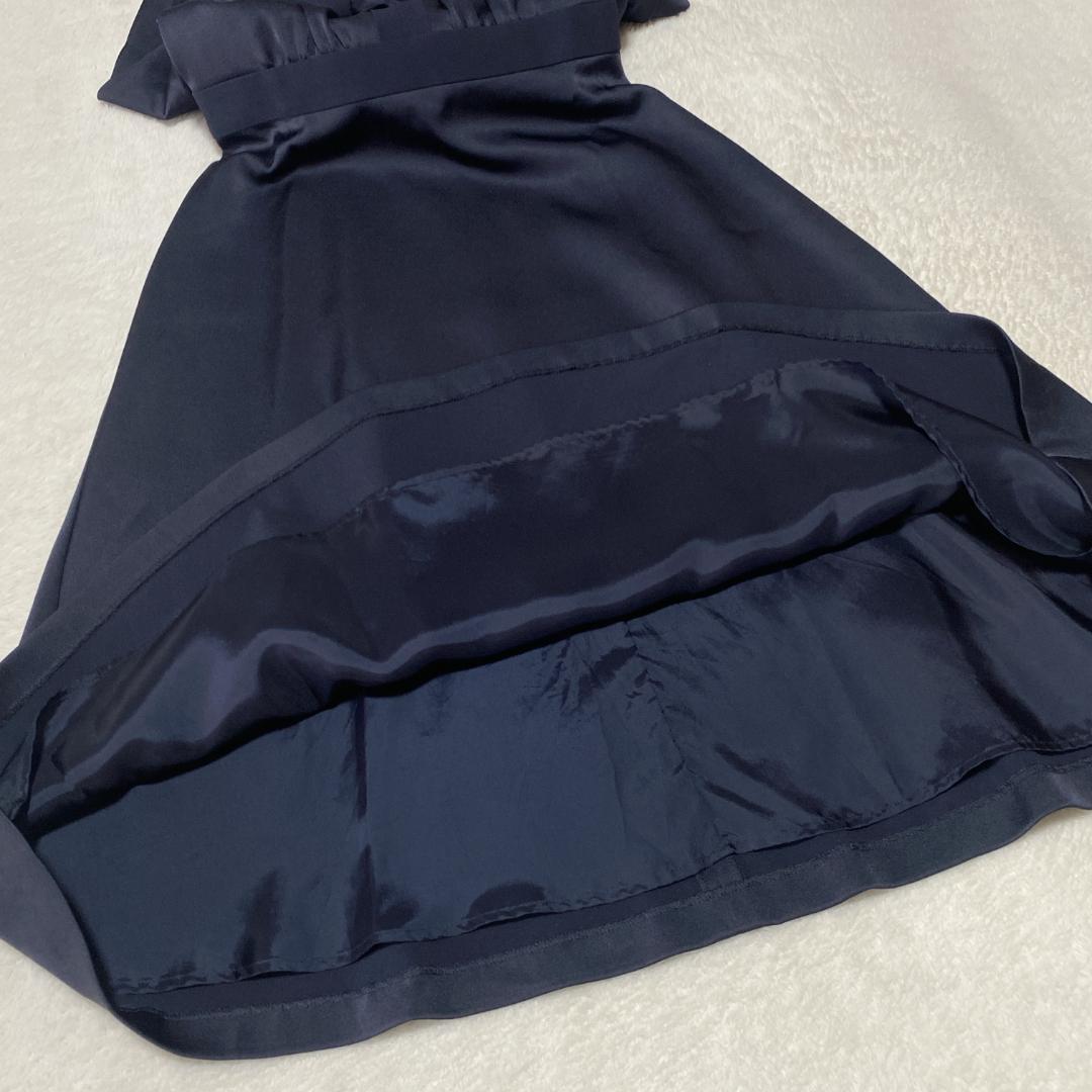 DE0077【アナイ】ワンピース【36】ミディ丈 フレア 長袖 濃紺 光沢感
