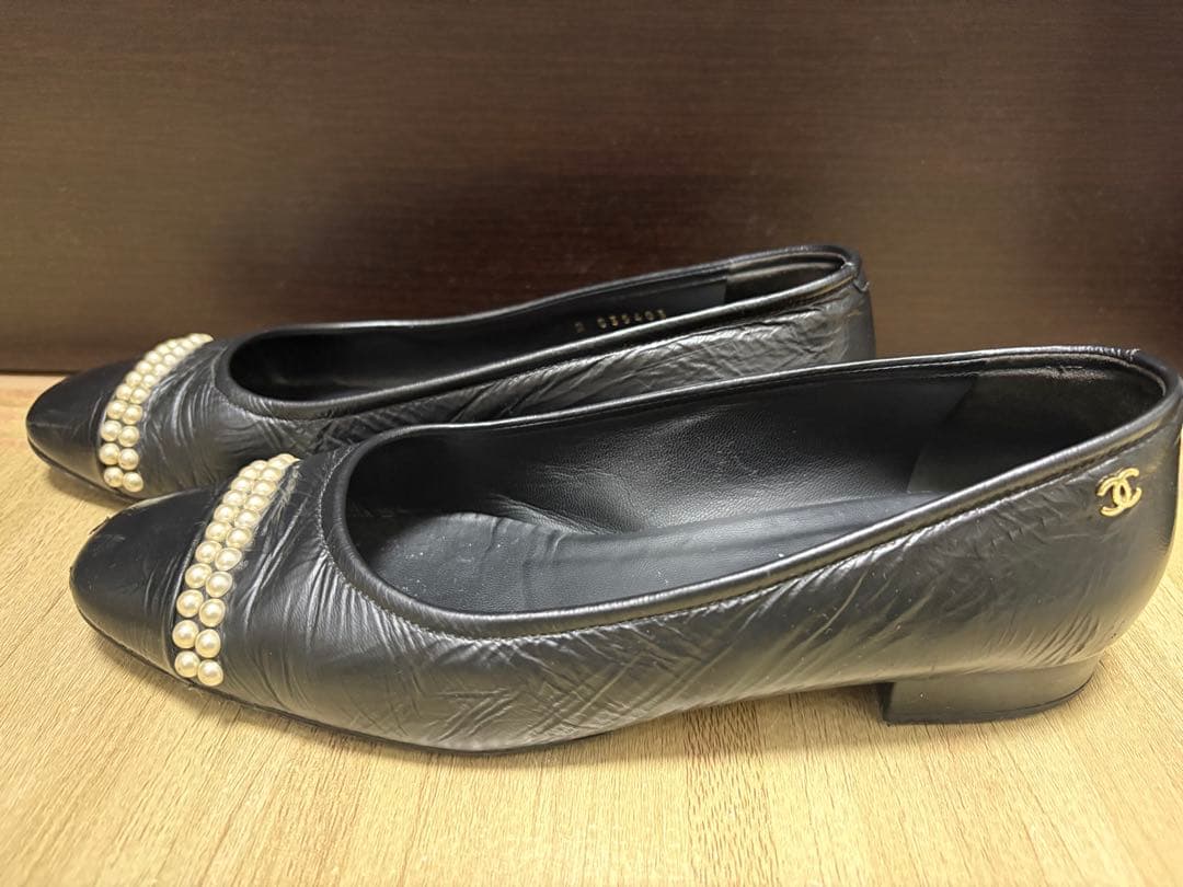 シャネル　パール付きバレエシューズ　パンプス　38 24.5cm ブラック定番