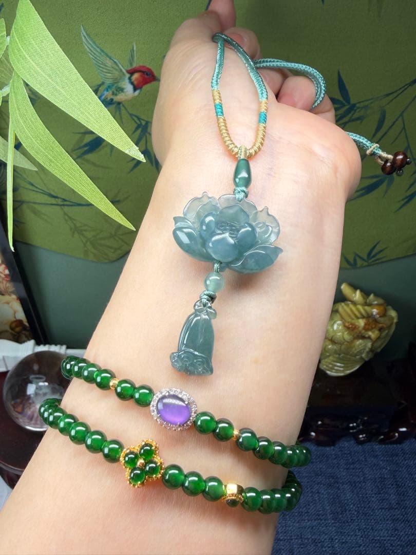 美品❣️天然本翡翠 高品質、氷藍水精巧な蓮花＆蓮