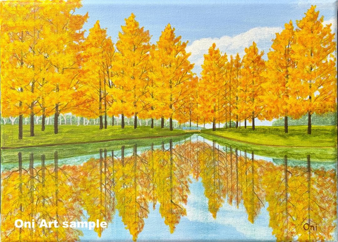 アクリル画 原画 「オータムパーク02」額縁付き F4サイズ 風景画