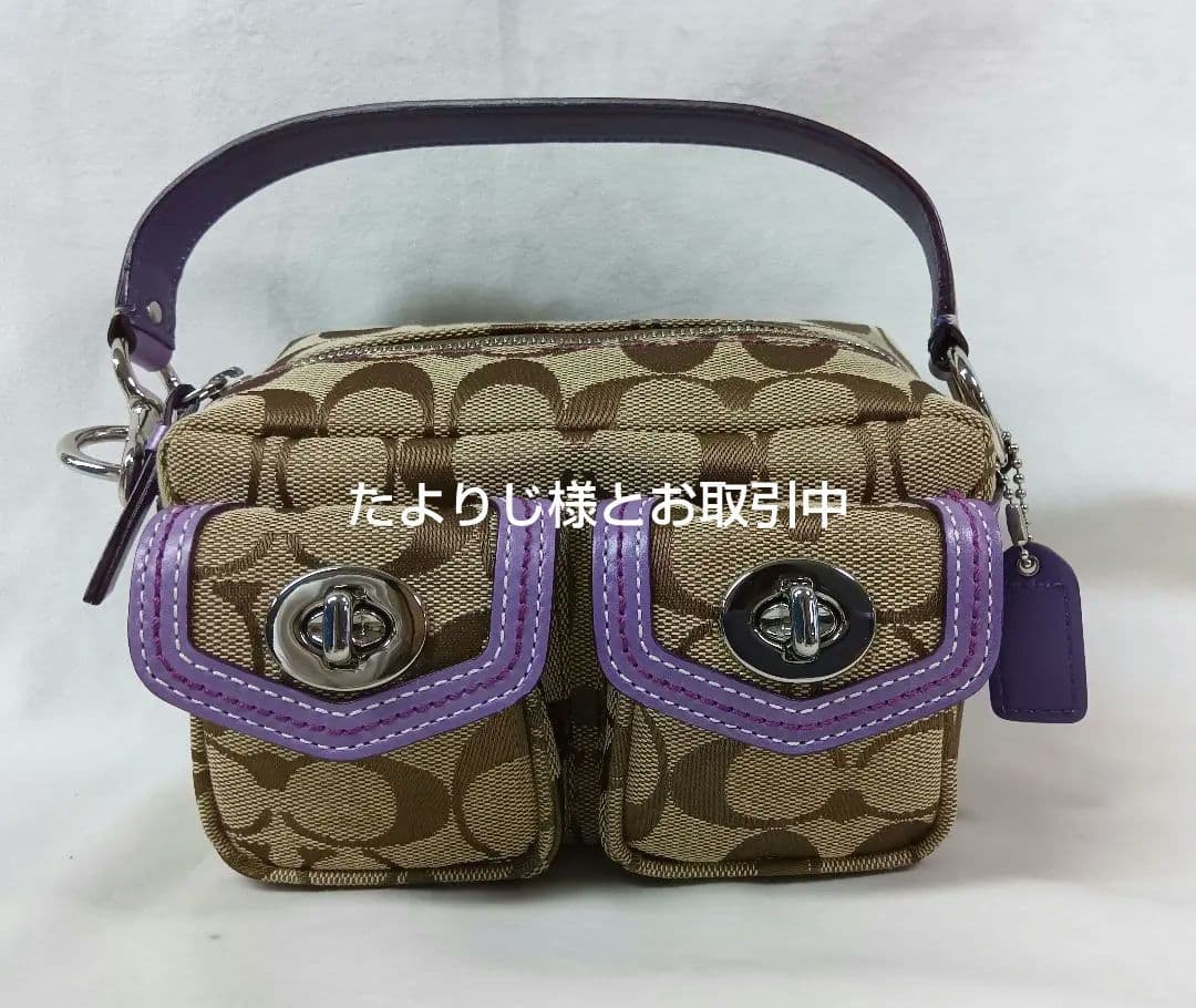 COACH(コーチ) ポーチ　ハンドバッグ　シグネチャー柄　ダブルターンロック コーチ デニム ハンドバッグ ターンロック シグネチャー ネイビー 茶