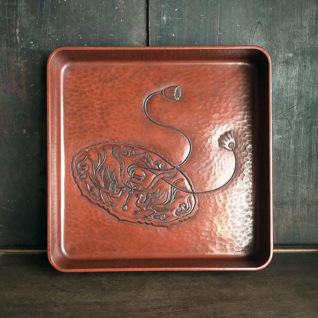 コメント必見] 鎌倉彫 博古堂 大型 11寸 35㎝ 角盆・菓子器・角皿 古鏡