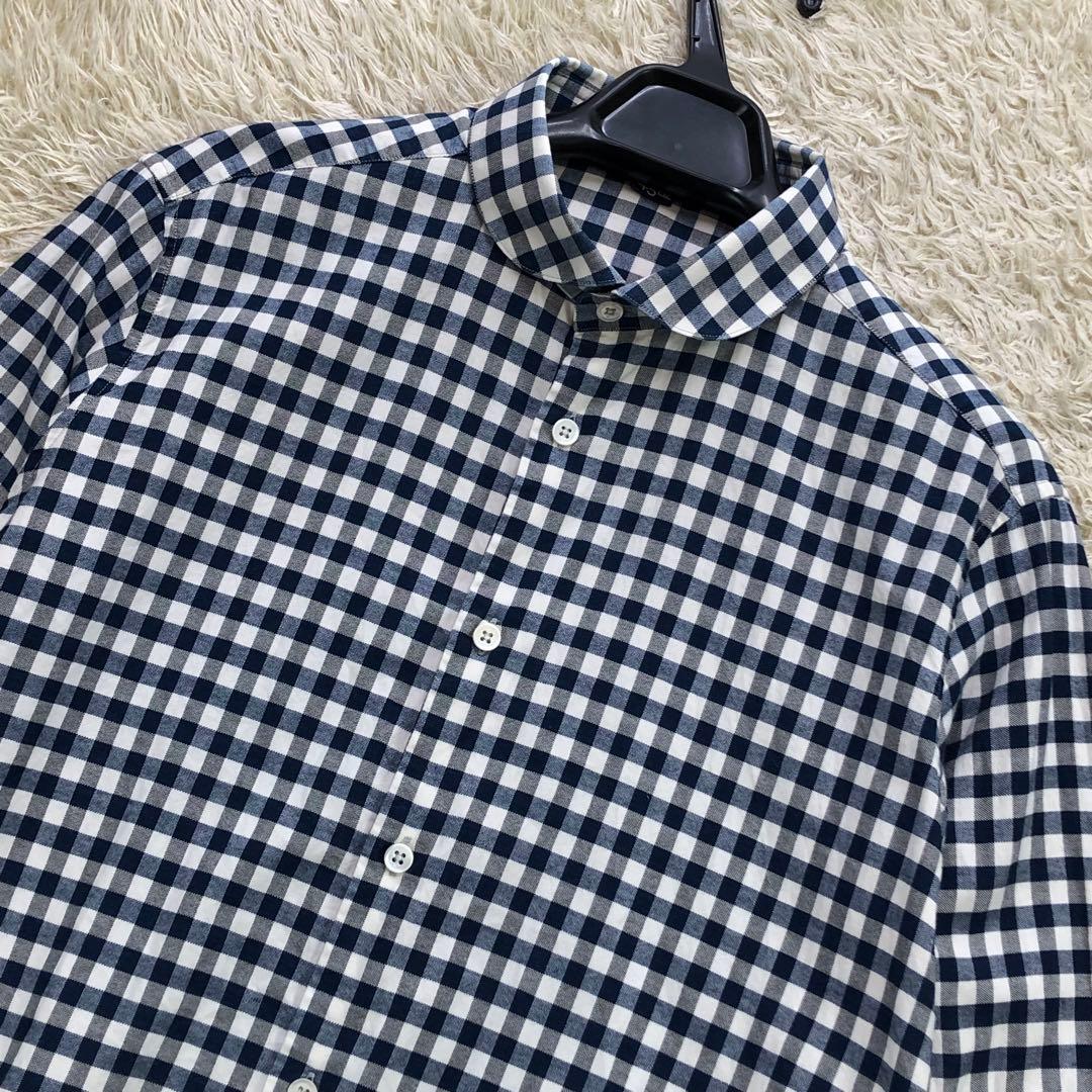 45R シャツ 長袖 丸襟 ギンガムチェック コットン Rステッチ刺繍