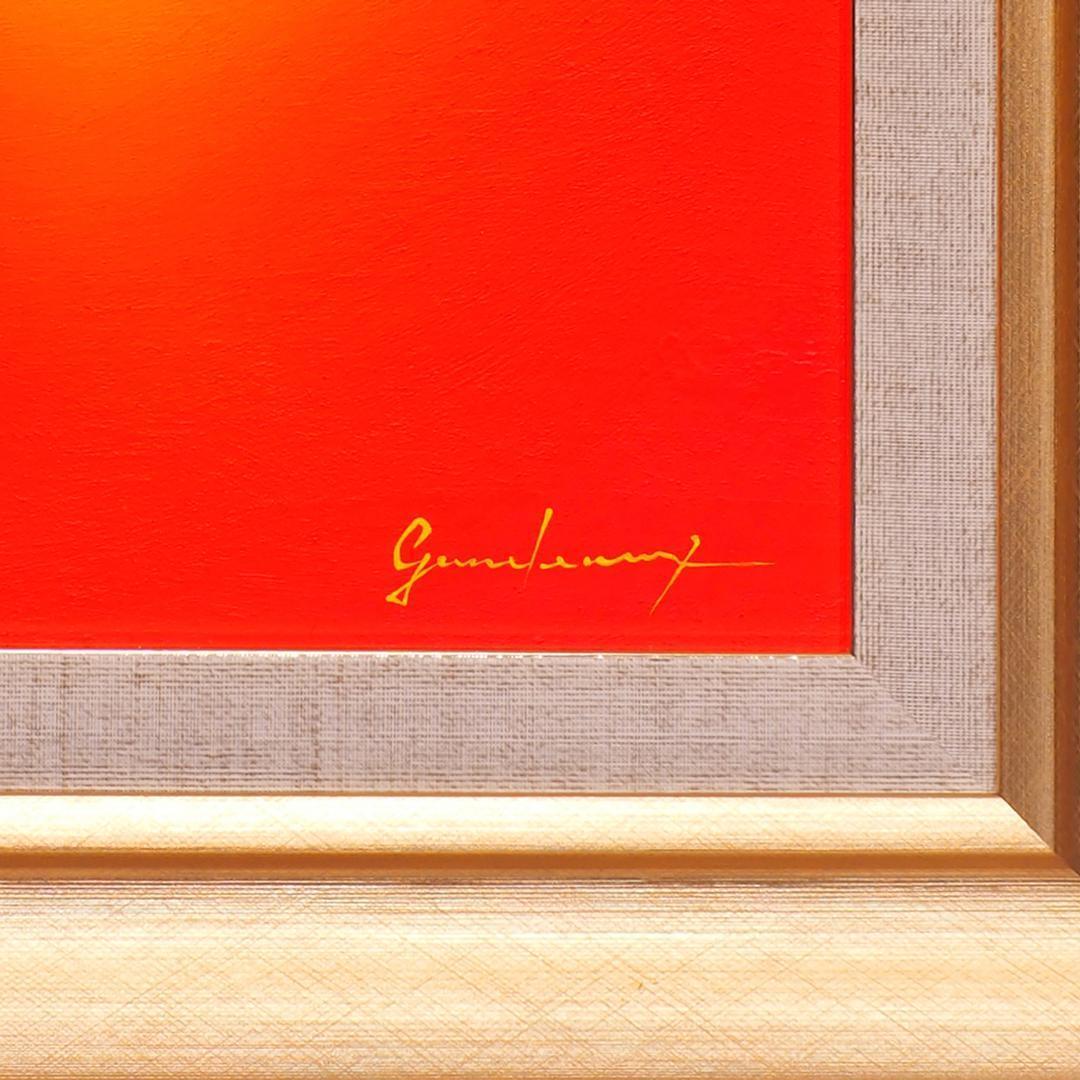 黄金の太陽と燃える焔のような赤富士山△がんどあつし油絵金箔二号色