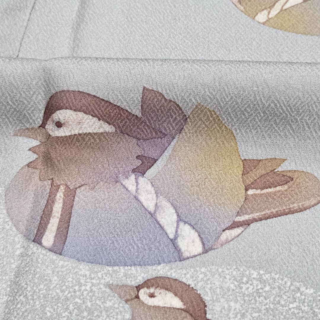 付下げ 裄丈68.5 鴛鴦 おしどり 落款 三良 丹後ちりめん 白鼠ぼかし 桜