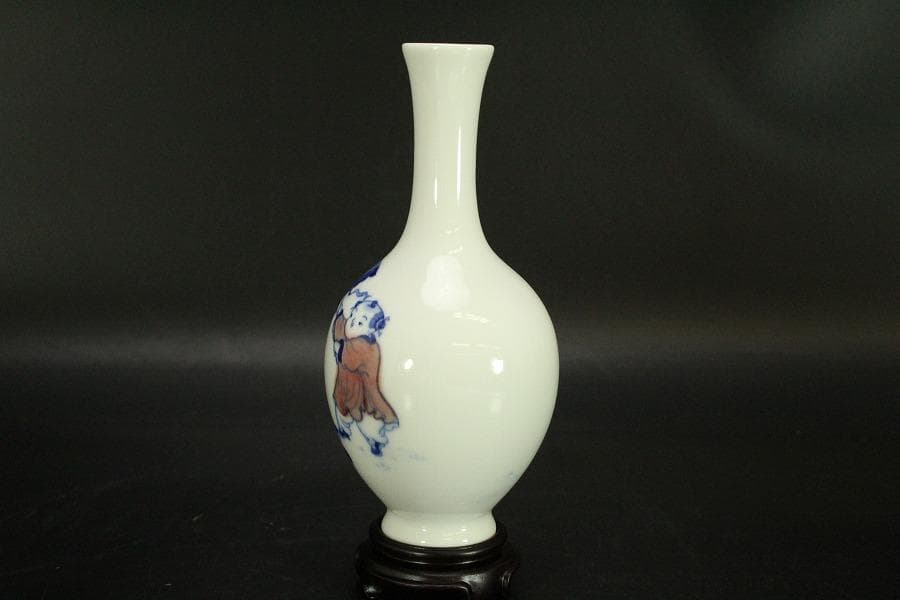 中国美術 台湾 暁芳窯 蔡暁窯 釉裏紅 青花 唐子紋 瓶 台付(A967