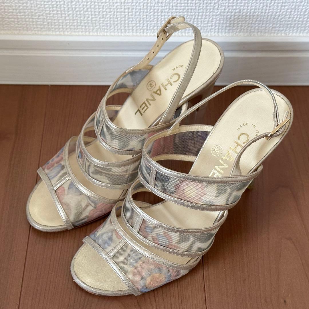 CHANEL 花柄メッシュサンダル 37.5C 24〜24.5㎝ ハイヒール