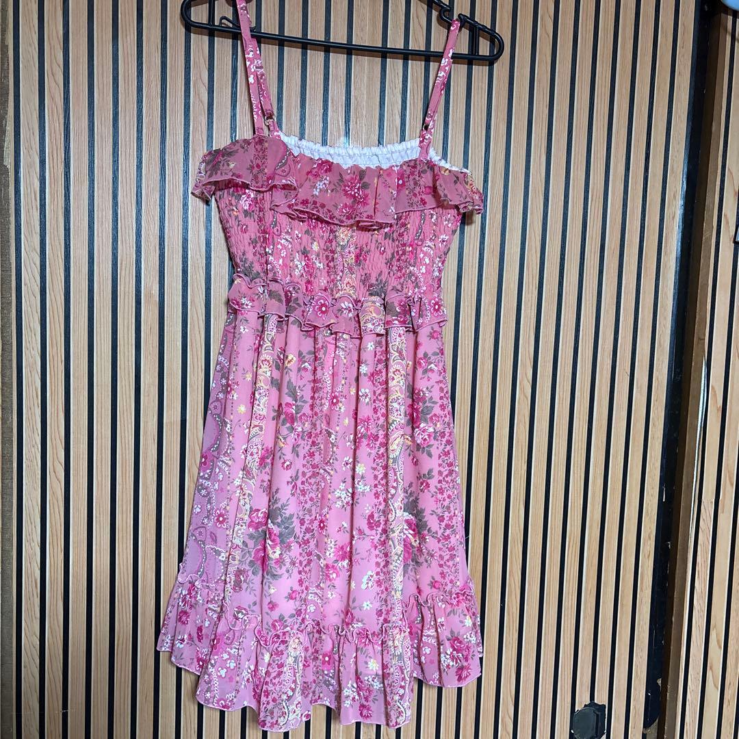 LIZLISA キャミワンピース花柄 薔薇フリル y2k 姫ギャルピンクロリィタ