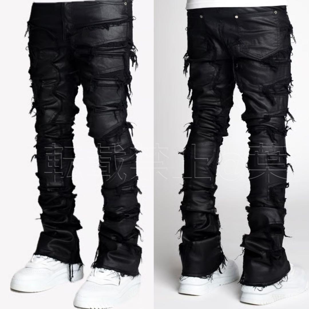 グアピGUAPI ワックスコーティングクラッシュスキニーフレアデニム 黒