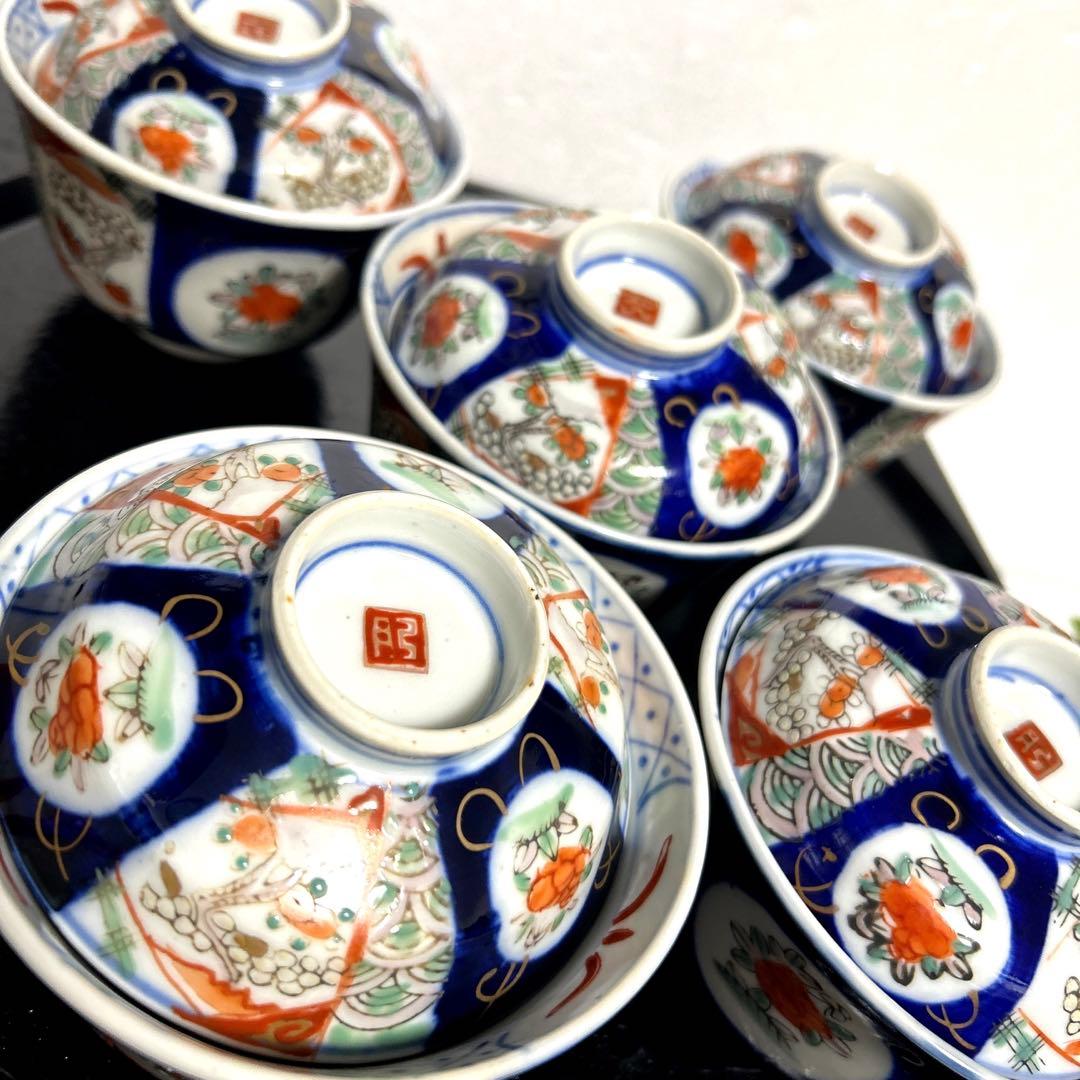 骨董品 古伊万里 月弓 金彩染錦窓絵 青海波紋 蓋付鉢 丼茶碗 有田焼