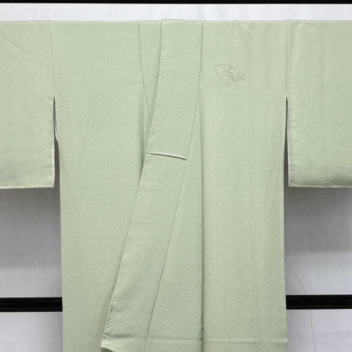 ゆりのはな 付下げ 汕頭刺繍 扇子柄 ちりめん トール 薄山葵色 正絹