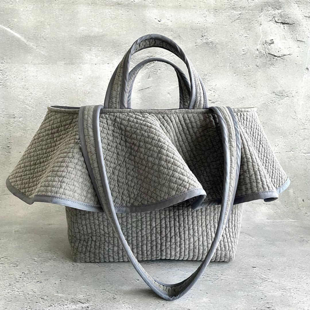 フリル付きヌビトートバッグ 2way ヌビバッグ グレー ハンドメイド