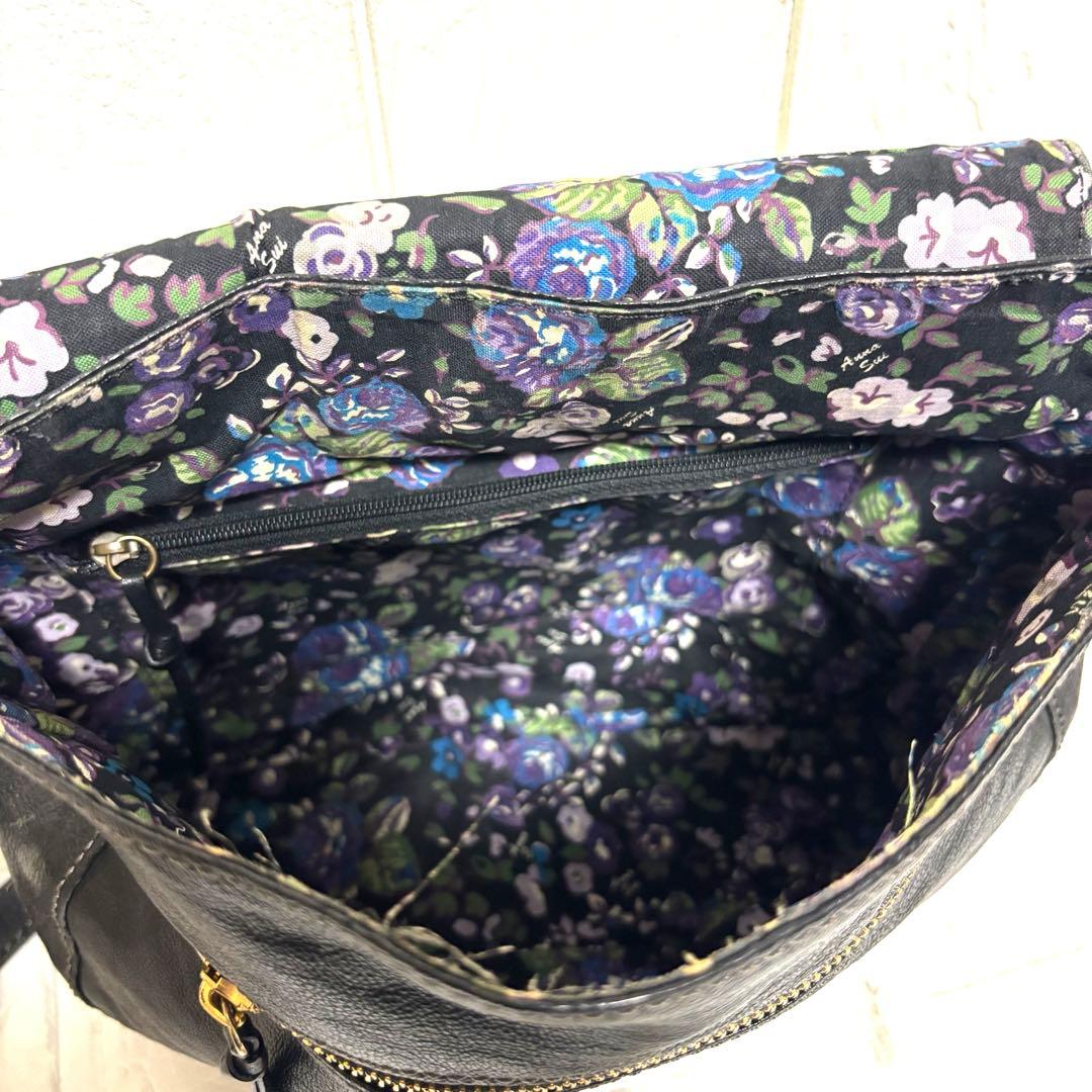美品 ANASUI アナスイ ショルダーバッグ ローズウッド 本革 花柄 黒
