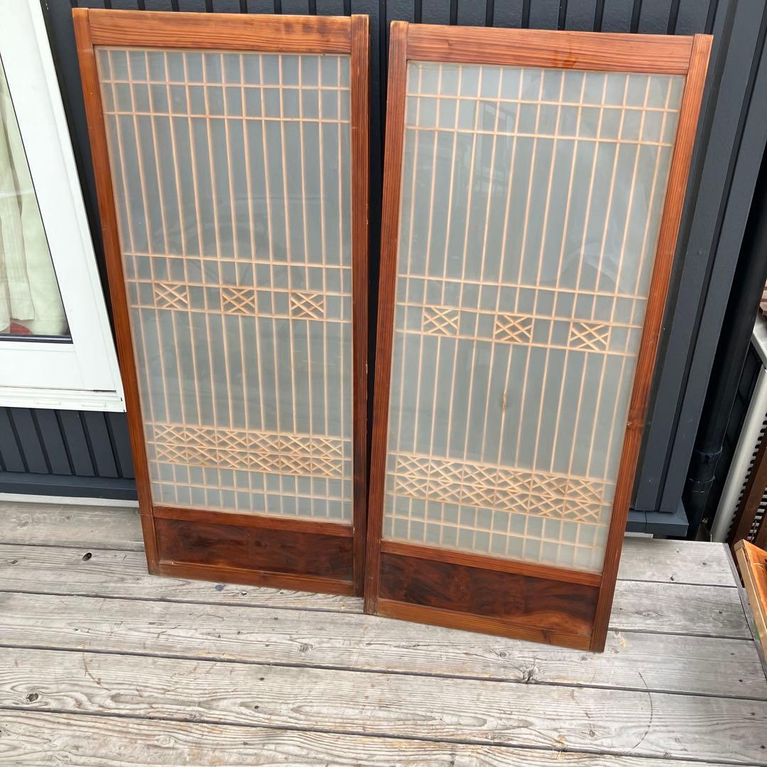 ⑦ 昭和レトロ 木製建具 ガラス入り格子戸 2枚セット 古民家解体部材