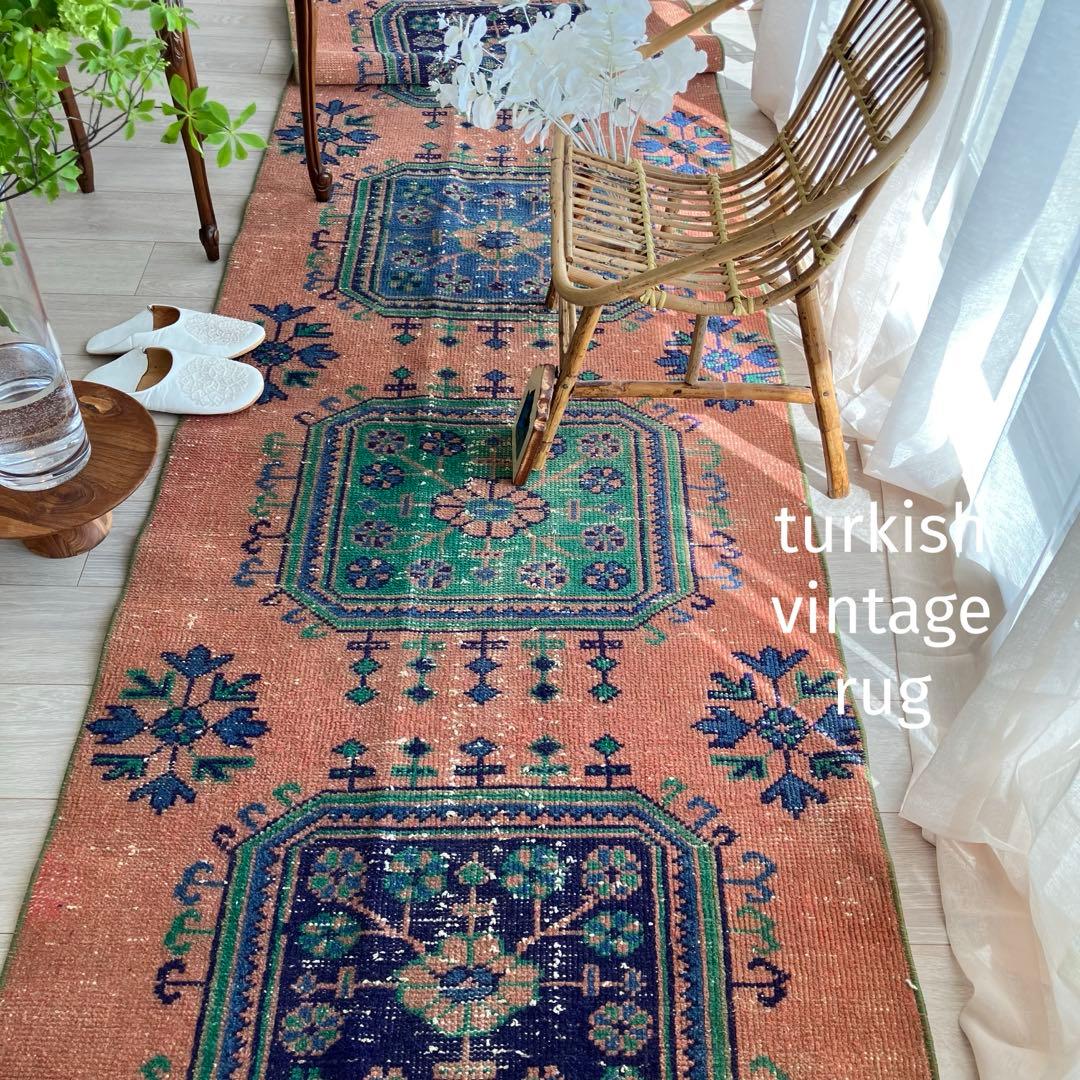 レア✳︎３m60 魔除デザイン84×360オレンジランナー　トルコヴィンテージラグ 115×212 オレンジピンクブラウン オーバーダイ トルコヴィンテージラグ