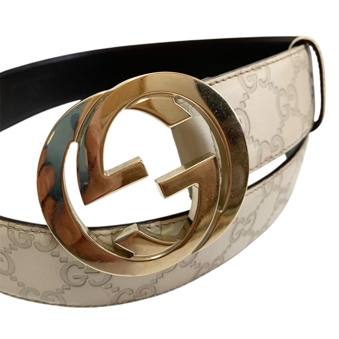 ✨美品✨GUCCI シマ ベルト インターロッキング　ゴールド ホワイト ダブルG リバーシブル スリムベルト ・ブラック＆ホワイト レザー