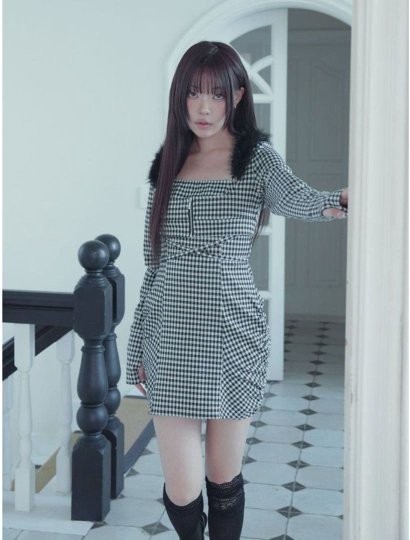 BUBBLES ファーカラークロスワンピース ギンガム