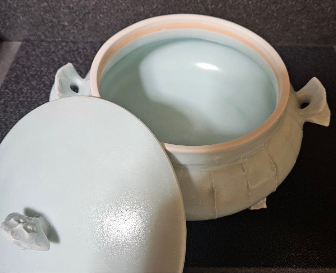 京焼 清水焼 名工 吉川充 造 青白磁 有蓋獣足鉢 香器香炉 お櫃 高島屋