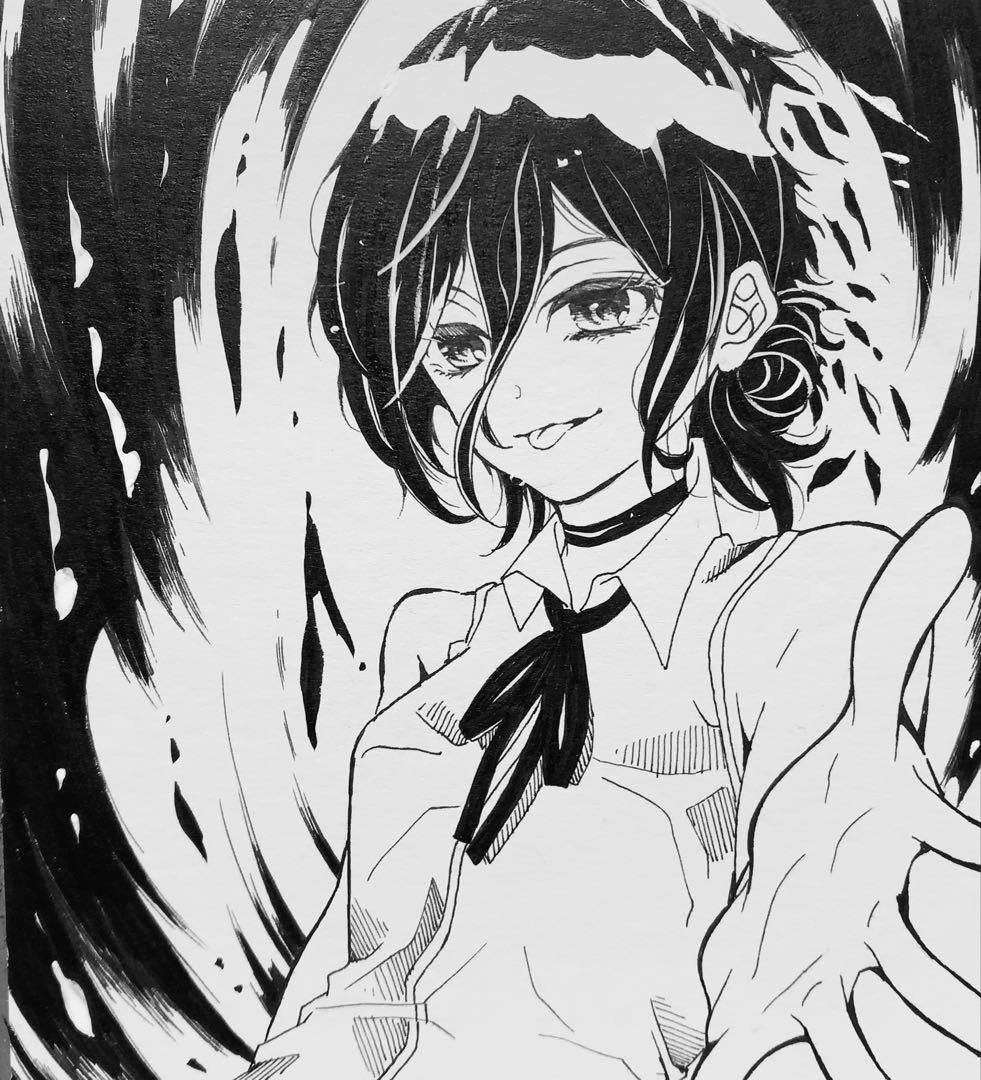 K*様 チェンソーマン レゼ ファンアート 手描き 色紙 一点物 モノクロ