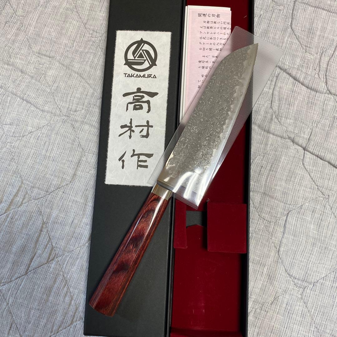 値下げ高村刃物 高村作 打雲花 紅色ハンドル 三徳包丁 165mm - メルカリ