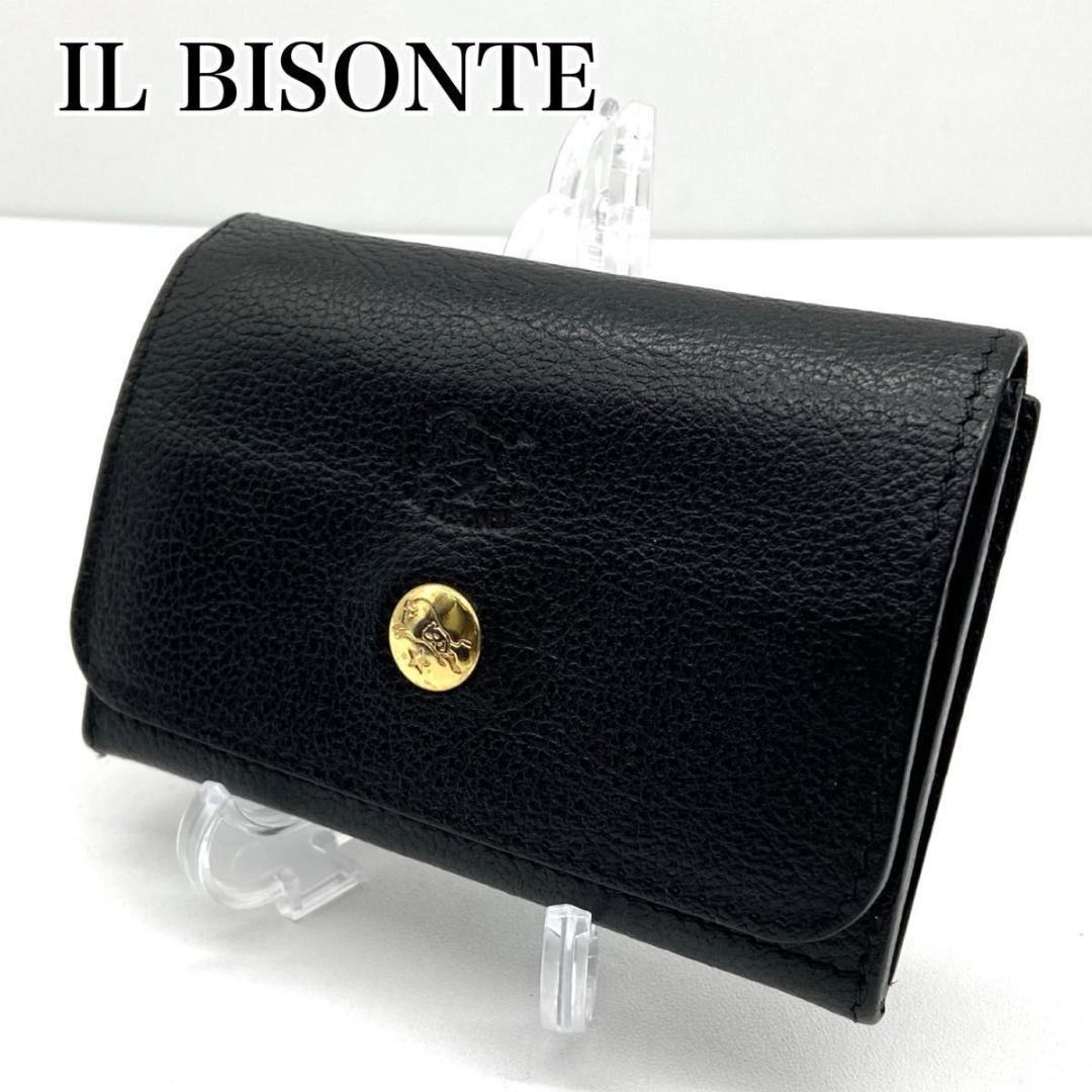 【希少】イルビゾンテ　名刺入れ　レザー　シボ革　金ボタン　ロゴ刻印　黒　極美品 IL BISONTE（イルビゾンテ） 月末限定ポイントUP 【並行輸入品】 名刺