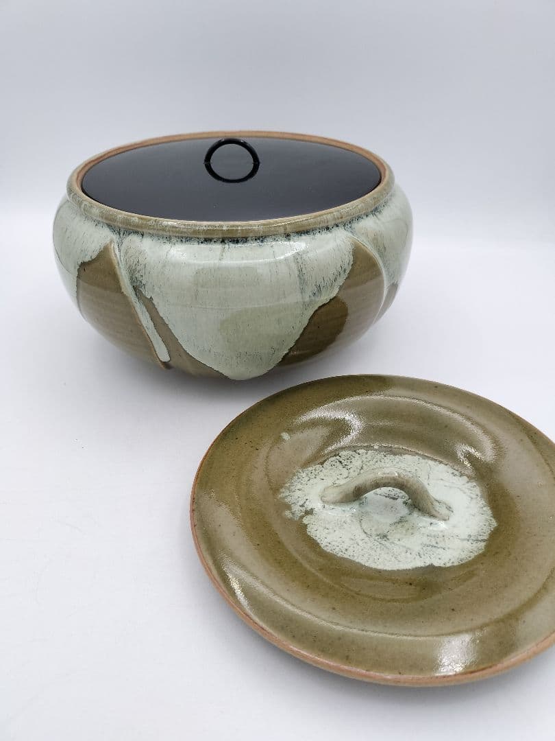 b164 【未使用】水指 捻梅 即中斎好 萬古 福森比路志 塗蓋付 木箱