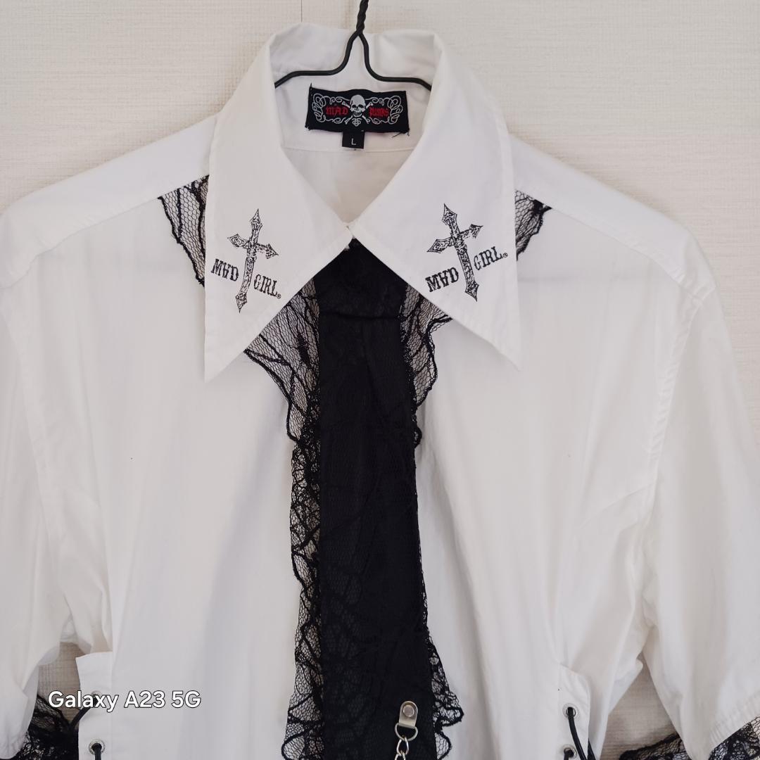 ゴス パンク ボンテージシャツ L 袖脱着式 レース ネクタイ スカルチェーン