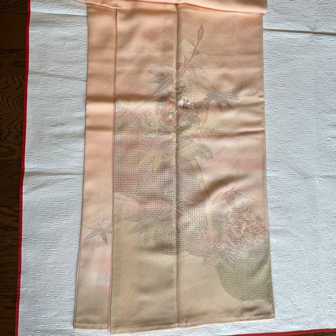 翠山刺繍】蘇州刺繍の訪問着 雪輪 竹 桐 薄いピンクオレンジ暈し