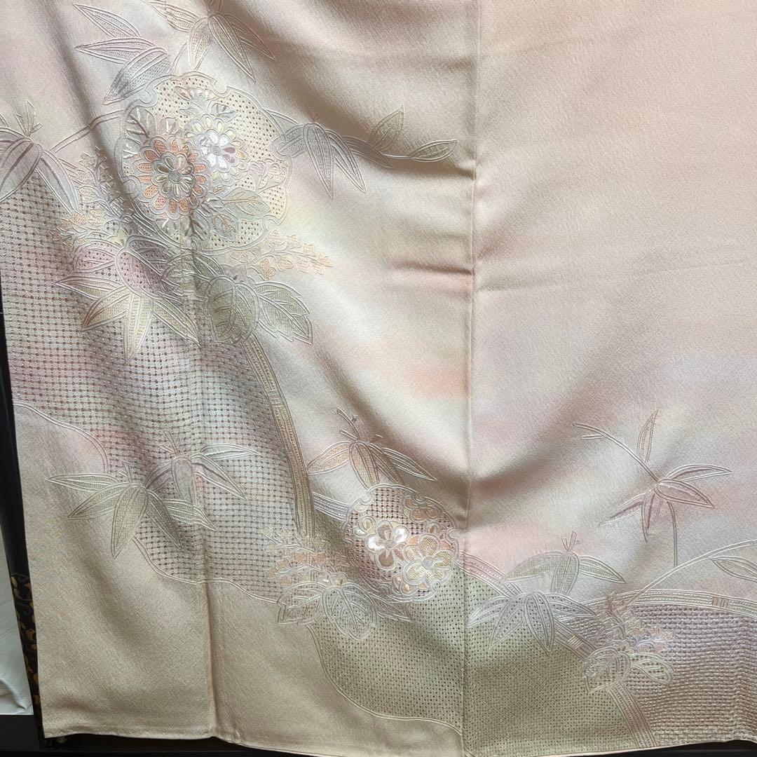 翠山刺繍】蘇州刺繍の訪問着 雪輪 竹 桐 薄いピンクオレンジ暈し