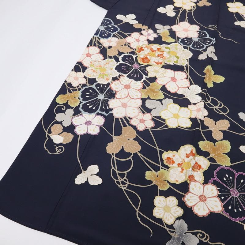 《st★長尺■訪問着■彩り花枠に吉祥文の花々植物■濃紺◆HA3-23》