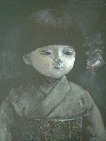 油絵 菅家令子 絵 絵画インテリア額付(青緑＋金色枠)F6-080118市松