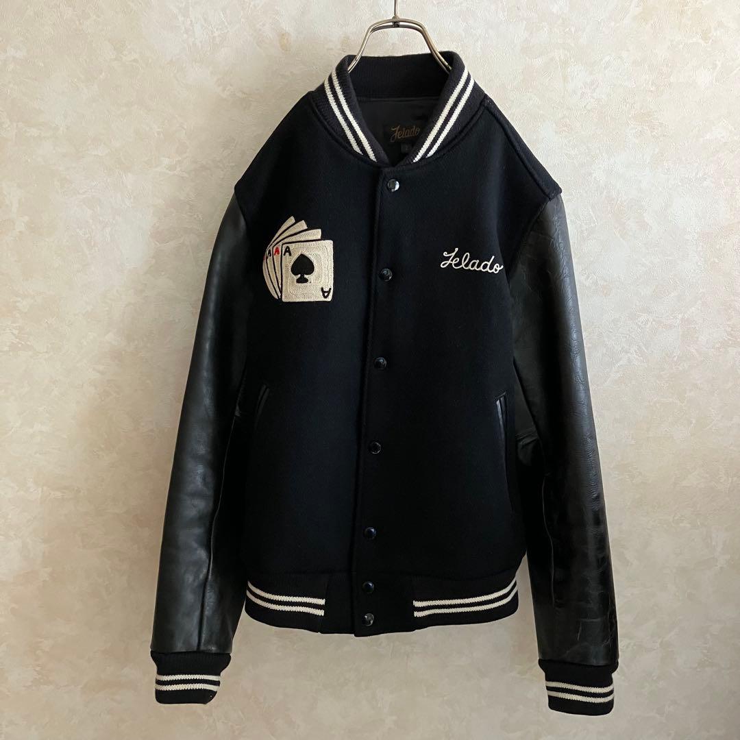 ジェラード 50's復刻 \"SINNERS\" チェーン刺繍 本革袖スタジャン 黒