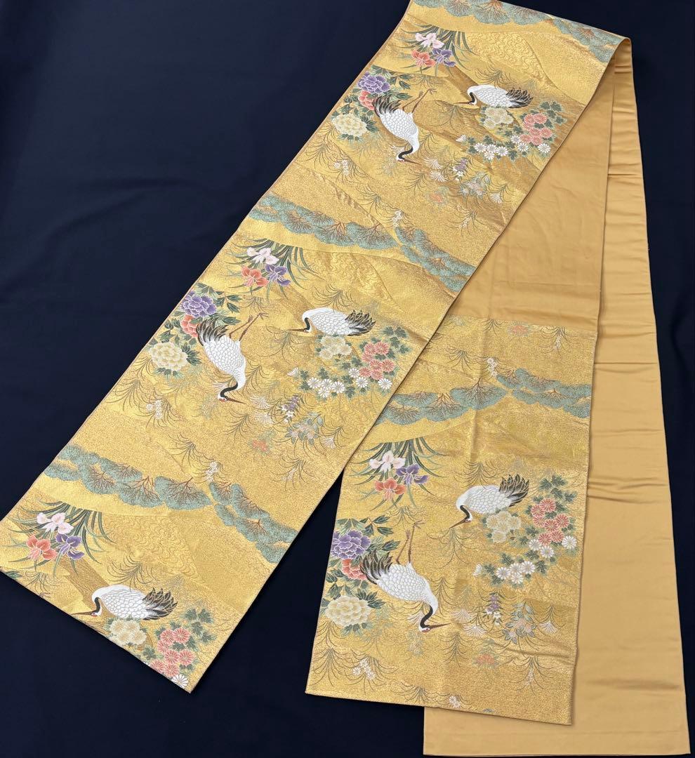 西陣　長嶋成織物　袋帯　瀞金錦 本金箔 寿鶴遠山文　正絹《ふ339》江戸小もーん