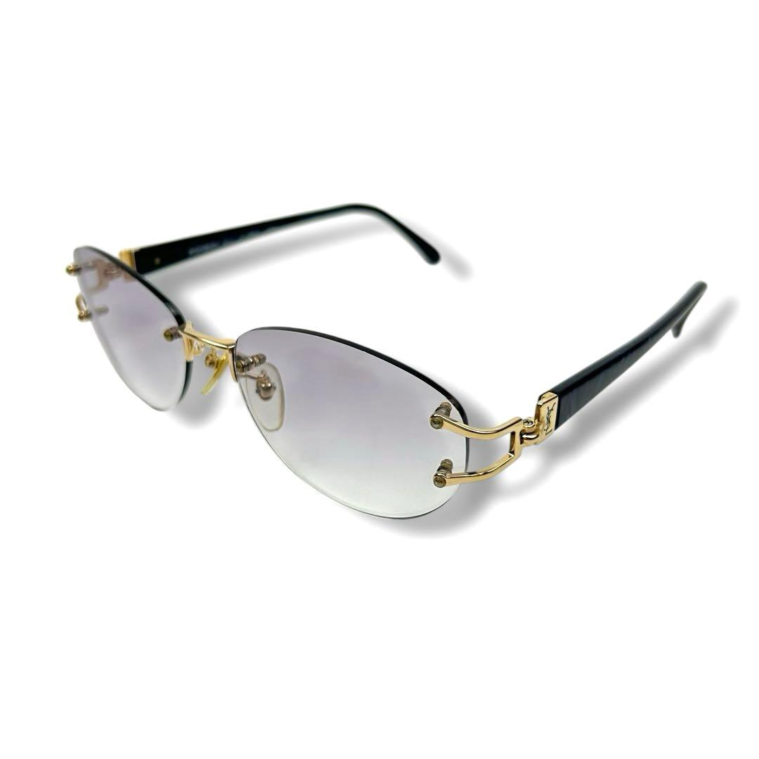 【美品】イヴサンローラン YSL ロゴ サングラス 縁なし リムレス ベッコウ Yves Saint Laurent】イブサンローラン YSLロゴ刻印メタルフレーム
