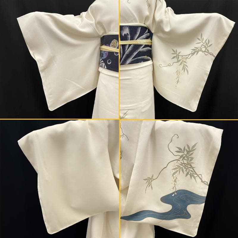 510mh56○訪問着 水辺の藤 金駒刺繍 クリーム色 金彩 一つ紋